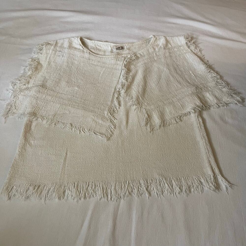 Adini Vintage White Cotton Fringe Poncho Tunic Top Women’s Medium Boho